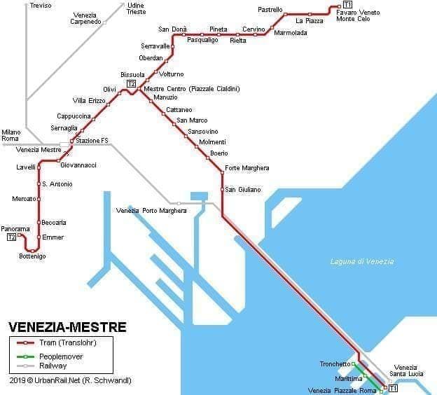 Plattegrond van de tramstations in Venetië