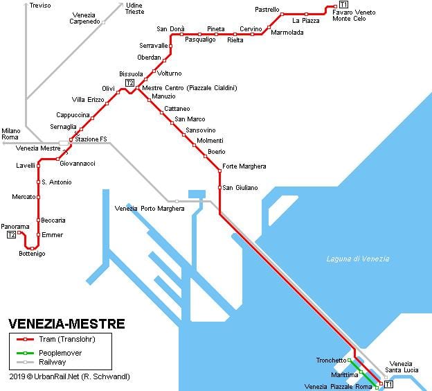 Plattegrond van de tramstations in Venetië