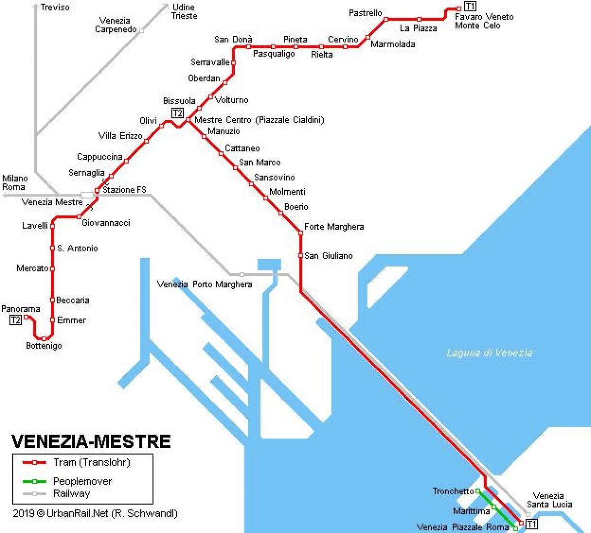Kaart van de stations in Venetië