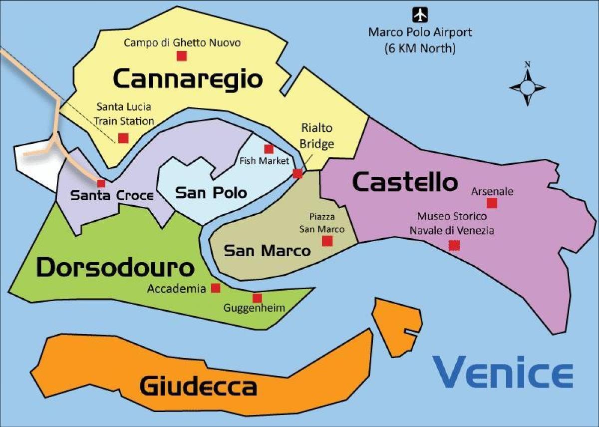 Kaart van de wijken in Venetië